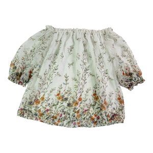 Orchid Haze Floral Off Shoulder Top Sheer Swiss Dot Puff Sleeve White Size S